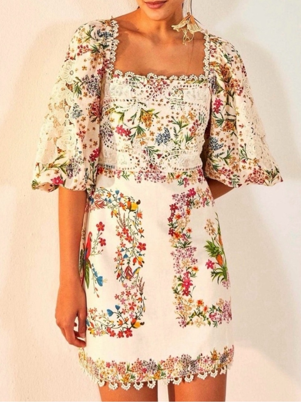 FARM Rio Cream Floral Lace Square-Neck Mini Dress